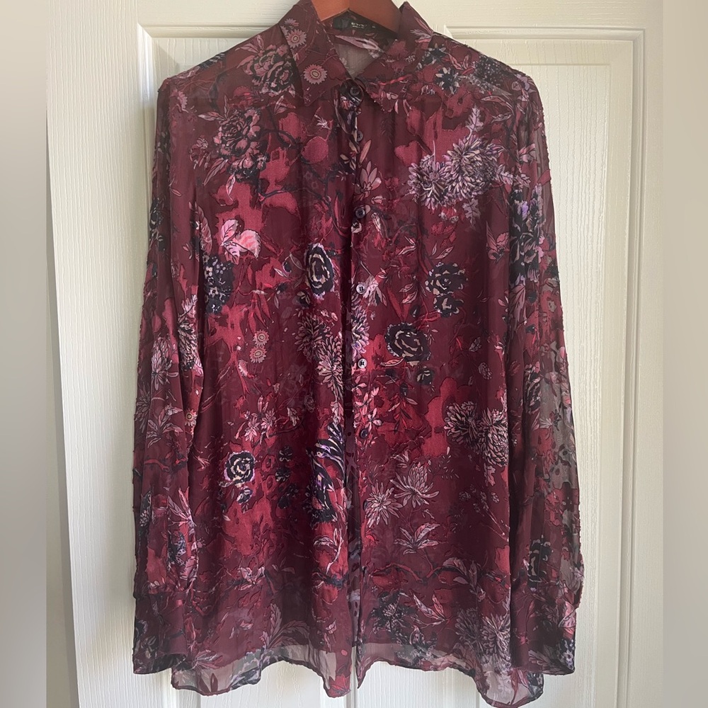 ETRO Silk Floral Button Down Shirt Semi-Sheer Wine colour Size 8 Like New - Picture 7 of 15
